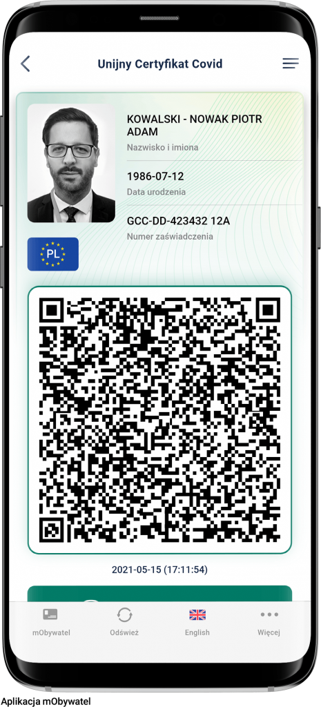 Unijny Certyfikat Covid - app mObywatel.